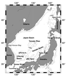 The bottom topography and geographical locations for the Japan/East Sea